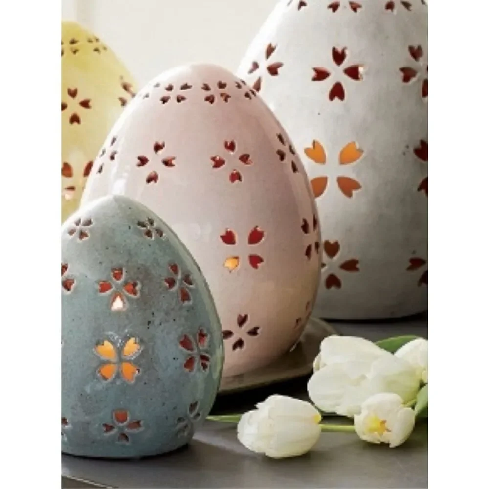Vintage Pottery Barn Small 7.5” Tall Pale Blue Ceramic Pierced Egg